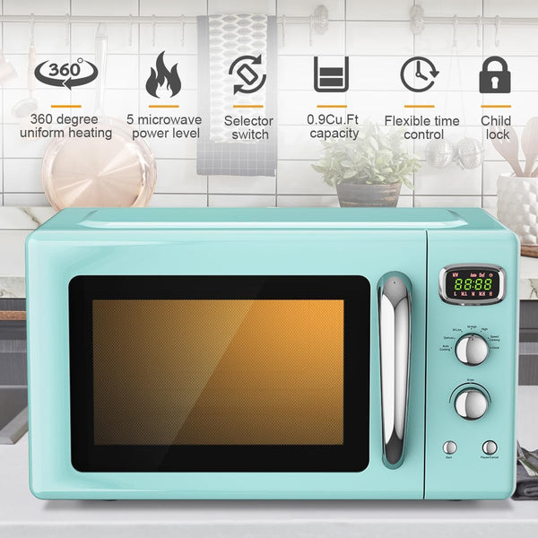 Retro Microwave 0.9Cu.Ft, 900W Countertop Microwave Oven W/5 Power Level, Defrost & Auto Cooking, LED Display, Pull Handle, Easy Clean Stainless Steel Interior, Child Lock, ETL Certification | 5 Power Level, Defrost & Auto Cooking, LED Display, Easy Clean Stainless Steel Interior, Child Lock, ETL Certification2