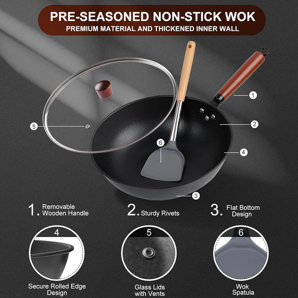 Wok, 13" Carbon Steel Woks & Stir-Fry Pans Nonstick with Glass Lid | Pre-Seasoned Flat Bottom Chinese Wok for Electric, Induction, Gas, All Stoves6