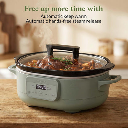 MAGNIFIQUE 6 Quart Programmable Slow Cooker Removable Healthy Nonstick Pot - Small Kitchen Appliance for Family Dinners - Serves 6+ People - Heat Settings: Keep Warm Olive6