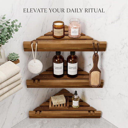 3 Pack Acacia Wood Corner Shower Shelf, Triangular Wooden Bathroom Organizer & Wall Floating Shelves, No Drilling Corner Caddy Storage for Tiled Wall, Kitchen, Living Room4