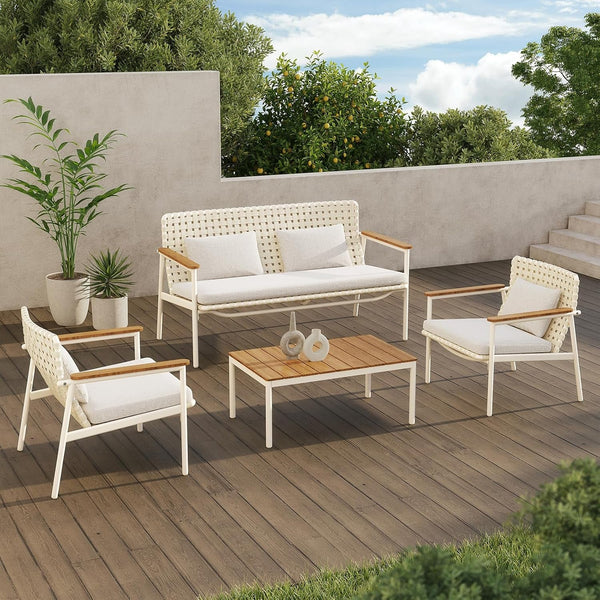 4-Piece Patio Conversation Set, Outdoor Wicker Sofa Set with Waterproof Cushions All-Weather Wicker Furniture Sectional Sofa for Garden, Poolside, or Backyard Relaxation-Grey1