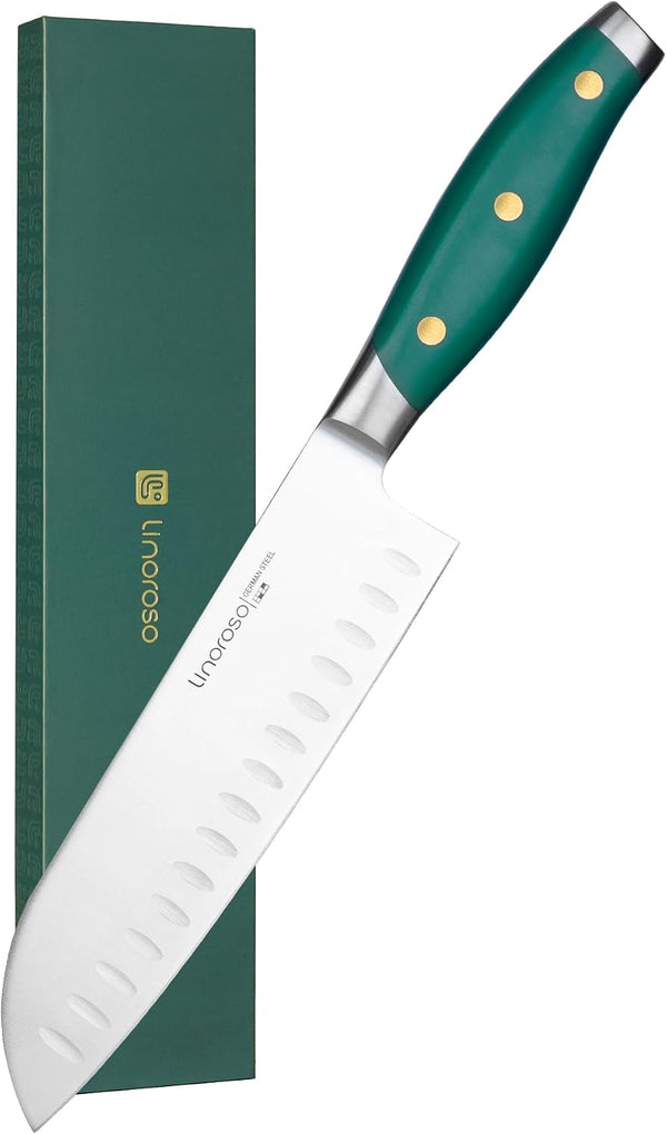 Santoku Knife 7 Inch Meat Kitchen Chef Knife with Premium Gift Box, Vegetables Knives High Carbon Stainless Steel Sharp Knife with Ergonomic Green Handle, Christmas Gifts for Women and Men1