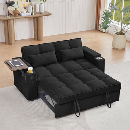 65'' 3-In-1 Folding Convertible Sofa Bed, Pullout Sofa, Modern Chenille Fabric, 360° Swivel Side Table, Easy Assembly, Perfect for Living Room, Black3