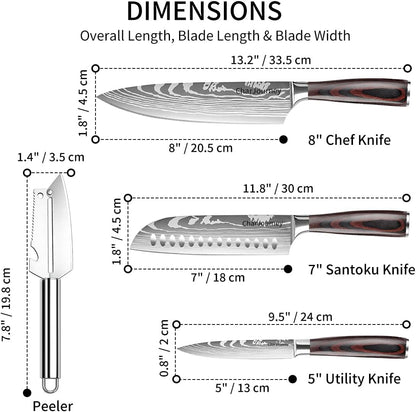 Japanese Knife Set with Peeler, 3-Piece Kitchen Knife Set with 8" Chef Knife, 7" Santoku Knife and 5" Utility Knife, High Carbon Stainless Steel Cooking Knives, Pakka Wood Handle5