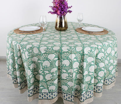 Turquoise Moss Green 100% Cotton Boho Square Fall Tablecloth, Handblock Floral Print Linen for Kitchen Dining I Parties, Outdoors, Weddings, Christmas, Thanksgiving Décor 132" Inches Round1