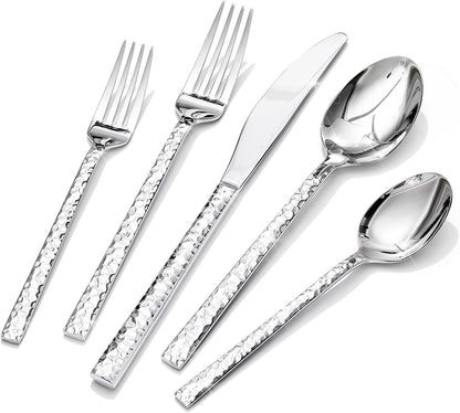 20 Piece Hammered Silverware Set, 18/10 Stainless Steel Flatware Set for 4 |  Mirror Polished Knives Forks Spoons Utensils, Cutlery Set for Home, Party, Wedding, Housewarming, Dishwasher Safe1