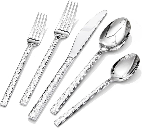 20 Piece Hammered Silverware Set, 18/10 Stainless Steel Flatware Set for 4 |  Mirror Polished Knives Forks Spoons Utensils, Cutlery Set for Home, Party, Wedding, Housewarming, Dishwasher Safe1