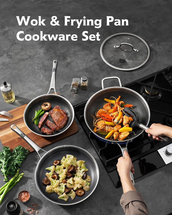 3-Piece Hybrid Stainless Steel Cookware Set-11.99 Inch Wok with Lid,10 Inch Frying Pan,11.99 Inch Skillet with Lid-Non Stick,Pfoa Free,Dishwasher&Oven Safe,Induction Compatible2