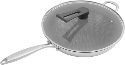 Stainless Steel Honeycomb Wok, Non-Stick Cooking Frying Pan with Lid, Stir-Fry Pan for Gas Stoves, Concave Induction, Ceramic, Electric Stoves (14.2 * 3.7In)1