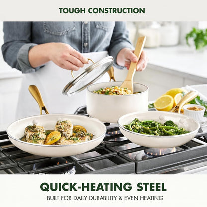 12 Piece Nonstick Swift Cookware Set, Ceramic Pfas-Free Pots & Pans with Lids, Dishwasher & Oven/Broiler Safe to 600F, Kitchen Cooking Set, Sauce, Saute, Stock, Frying Pans, Cream5