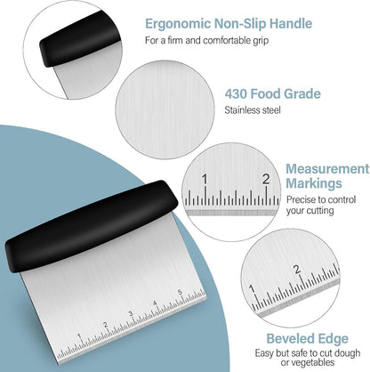 Bench Scraper, Premium Stainless Steel Dough Scraper with 2 PCS Flexible Bowl Scraper, Dough Cutter with Measuring Scale, Versatile Kitchen Scraper Set for Pastry Bread Pizza Cake5