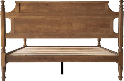 Solid Wood Queen Size Bed Frame with Headboard & Footboard, 12 Strong Slats, Center Metal Legs, Anti-Slip & Noise-Free Design, No Box Spring Needed, Quick Assemble, Barnwood Finish, ROQ-3011