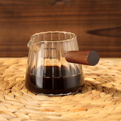 6 Oz Glass Measuring Cups with Spout,Borosilicate Glass Triple Pitcher with Scale,Origami Style Espresso Shot Glasses with Wood Handle for Coffee Milk,Dishwasher Safe8