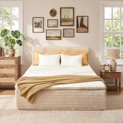 Queen Boneless Bed Frame with Mattress, 16 Inch Memory Foam Mattress with Plush Fabric Upholstered Bed Frame Platform, No Assembly Required,Cool Night & Relieve Pressure with Medium Support, Beige1