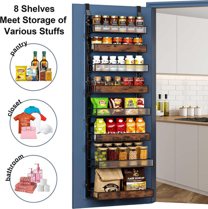 8 Tier Pantry Door Organizer Spice Rack, 2-IN-1 Wall Mount or Hanging over Door Seasoning Organizer with Adjustable Baskets, Heavy Duty behind Door Storage Shelves for Pantry, Cabinet and Kitchen7