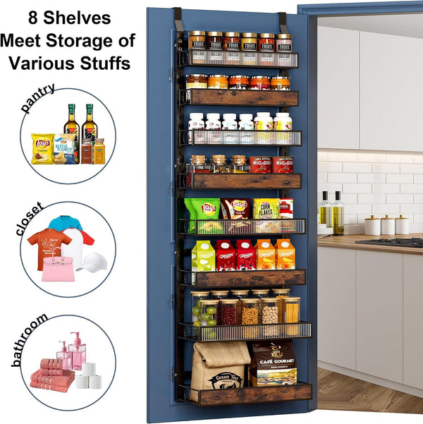 8 Tier Pantry Door Organizer Spice Rack, 2-IN-1 Wall Mount or Hanging over Door Seasoning Organizer with Adjustable Baskets, Heavy Duty behind Door Storage Shelves for Pantry, Cabinet and Kitchen7
