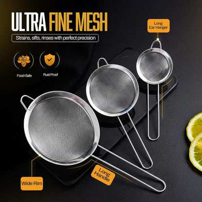 Premium Stainless Steel Fine Mesh Strainers for Kitchen 3-Piece Set with Non-Slip Handle, Small, Medium & Large Sieves, Colanders and Sifter for Sifting, Straining, Pastas Tea, Rice Vegetables5
