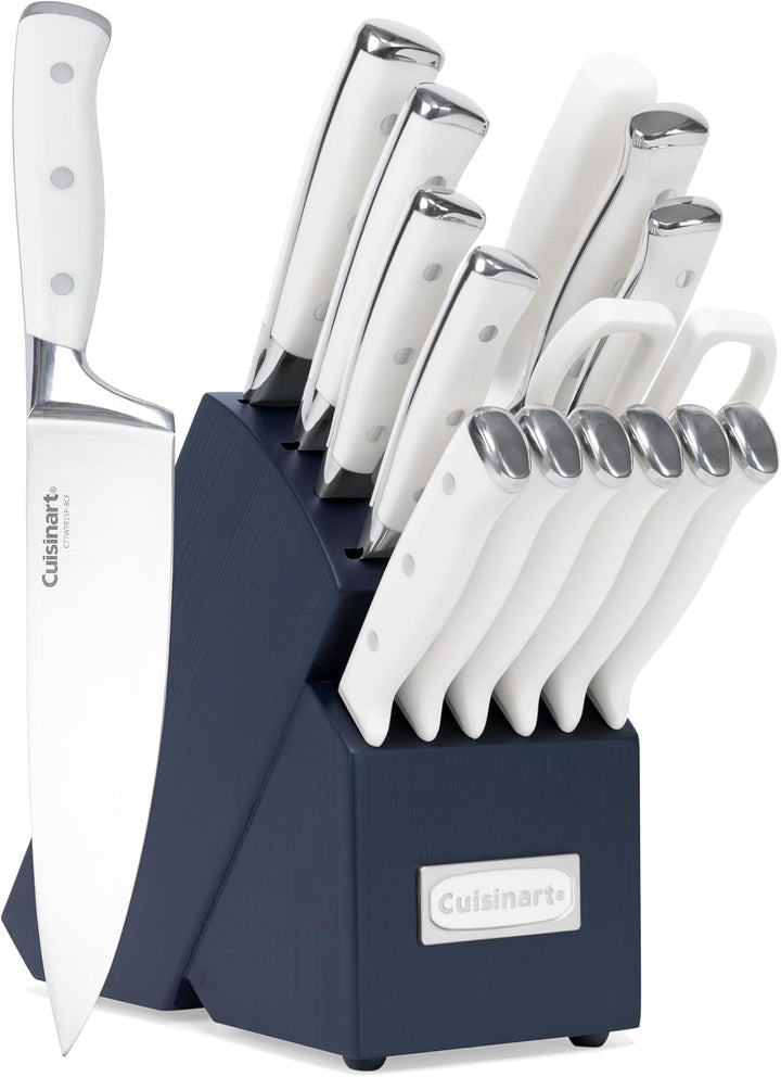 15-Piece Knife Set with Block, High Carbon Stainless Steel, Forged Triple Rivet, White/Navy C77WTR-15PN