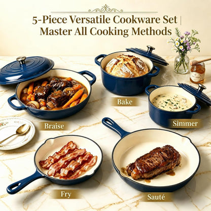 5-Piece Navy Blue Enameled Cast Iron Cookware Set | Includes 8" Frying Pan, 10" Skillet, 2.8QT and 3.5QT Dutch Ovens, and 4.7QT Casserole.3