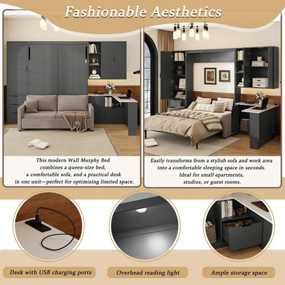 Queen Size Foldable Murphy Bed with Sofa and Desk, Wall Cabinet Bed with Hydraulic Storage, Shelves & Drawers, LED/USB Lighting, Dark Gray Panel, Beige Sofa5
