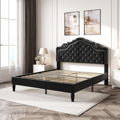 Queen Bed Frame with Adjustable Headboard/Velvet Upholstered/Diamond Button Tufted and Metal Studs/No Box Spring Needed/Wood Slat Support/Easy Assembly/Black9