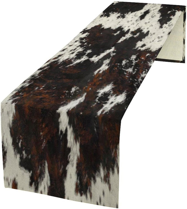 Cow Skin Print Table Runner, Cotton Linen Rustic Cottage Country Farm Animal Fur Skin Pattern Western Style Black Brown Cowhide Print Dinner Runner for Home Kitchen Dining Table Decoration 13"X36"1