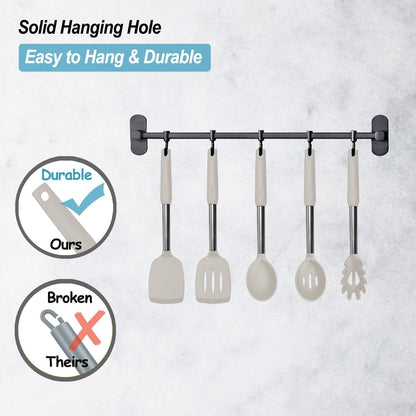 Silicone Spatula and Cooking Spoon,5 Pack Non-Stick Cooking Utensils for Kitchen，Heat Resistant Solid & Slotted Spoons and Spatulas, Stainless Steel Handle Coated with Silicone, Khaki5
