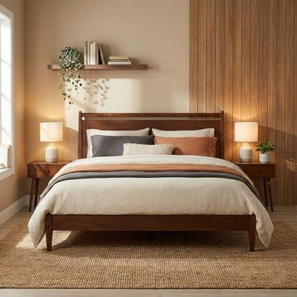 Adept Wooden Bed Frame with Headboard, Crafted from Walnut, Rubber Wood with Silent Slats and Wood Central Supports, 1000 Lb Capacity, Effortless Assembly, Queen - Dark Walnut1