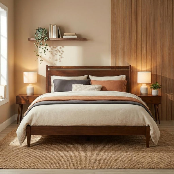 Adept Wooden Bed Frame with Headboard, Crafted from Walnut, Rubber Wood with Silent Slats and Wood Central Supports, 1000 Lb Capacity, Effortless Assembly, Queen - Dark Walnut1