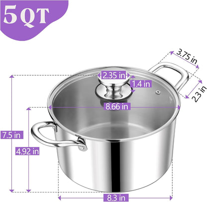 5 Quart Tri-Ply Stainless Steel Stock Pot, Cooking Pot with Lid | 5 Qt Stockpot for Soup Pasta Vegetable, Induction Cookware for All Stoves, Sturdy & Double Handle, Oven & Dishwasher Safe2