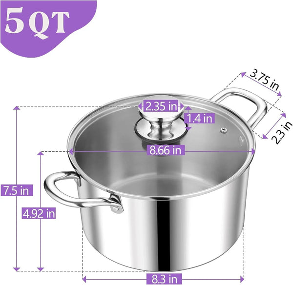 5 Quart Tri-Ply Stainless Steel Stock Pot, Cooking Pot with Lid | 5 Qt Stockpot for Soup Pasta Vegetable, Induction Cookware for All Stoves, Sturdy & Double Handle, Oven & Dishwasher Safe2