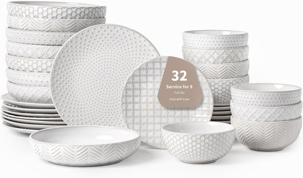 32-Piece Luxury Dinnerware Set,Complete Plates and Bowls Set for 8,Upscale Ceramic Dish Set for Hosting, Holidays & Family Gatherings–Microwave & Dishwasher Safe1