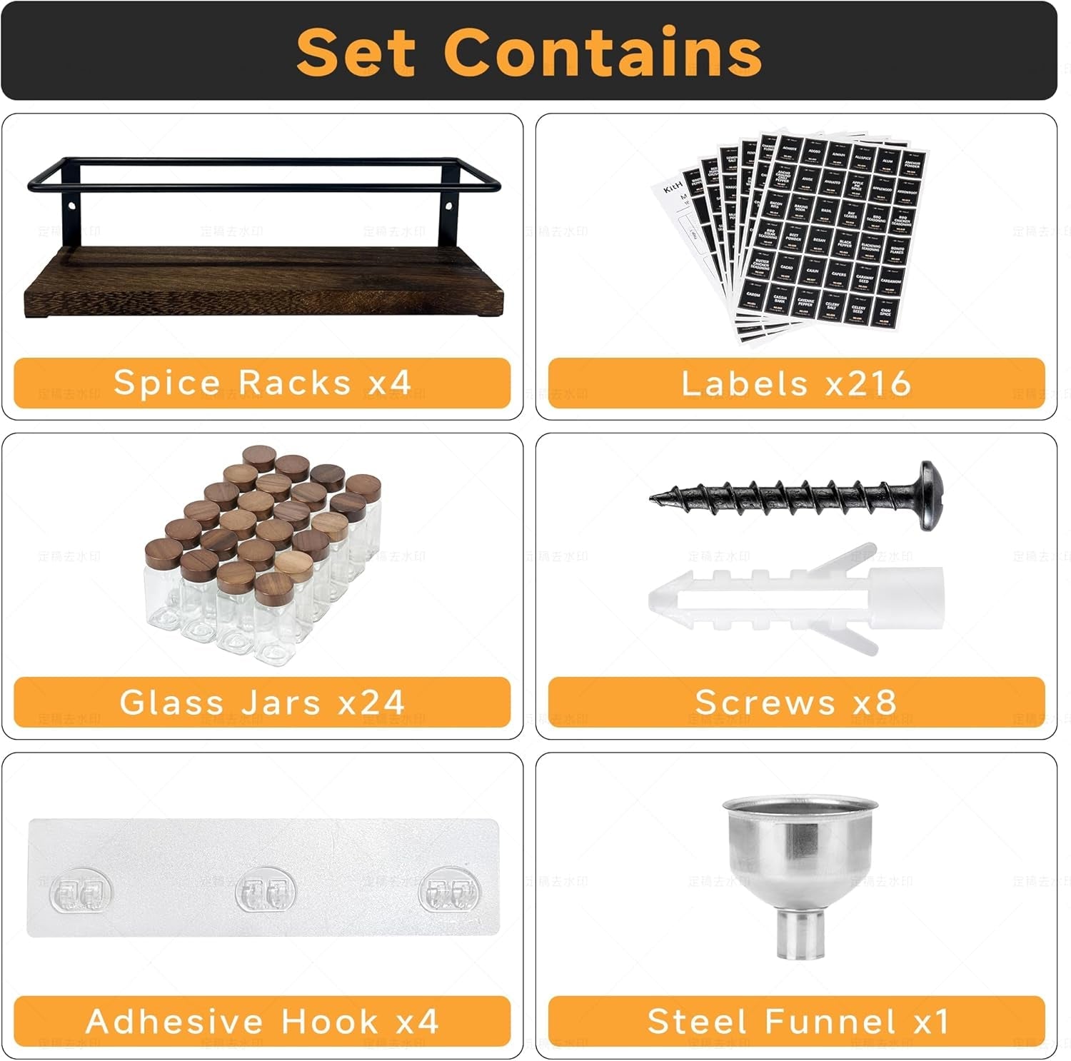 4-tier-wall-mount-spice-rack-organizer-with-24-glass-jars-216-labels-funnel-screw-adhesive-mount-black-metal-wood-spice-storage-for-kitchen-pantry-cabinet-11-6-l-x-2-4-w-x-3-2-h
