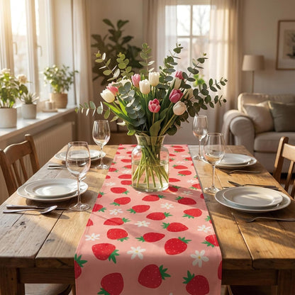 Linen Table Runners 72 Inches Long Strawberry Pattern Runner for Table,Strawberry Kitchen Decor Accessories Perfect for Home Wedding Indoor Outdoor Party3
