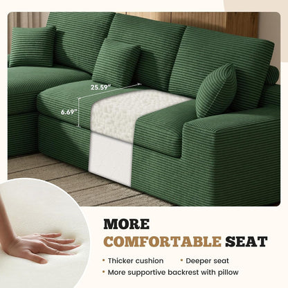 111" Modular Sectional Sofa for Living Room, Convertible L-Shape Couch with Ottoman,Cloud Boneless Couch with Layered Cushion,Green Corduroy5