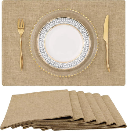 Faux Cotton Linen Placemats Set of 6, Cloth Washable Farmhouse Dining Table Mats for Indoors & Outdoors, Easy to Clean, Linen, 13 X 19 Inch1