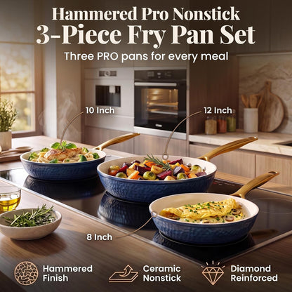 Hammered 3 Pc Nonstick Frying Pans Set, Cream | 8, 10, 12" Fry Pans, Heavy Duty 3.0MM Gauge, Non Toxic PFOA/PFOS/PTFE Free, Induction Compatible, Oven and Dishwasher Safe3
