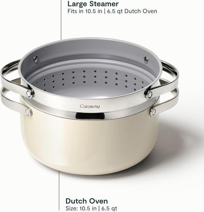 Caraway Non-Stick Ceramic Dutch Oven Pot with Lid & Steamer (6.5 Qt, 10.5") | Non-Toxic, PTFE and PFOA Free, Safe and Compatible with All Stovetops (Gas, Electric and Induction), Cream3
