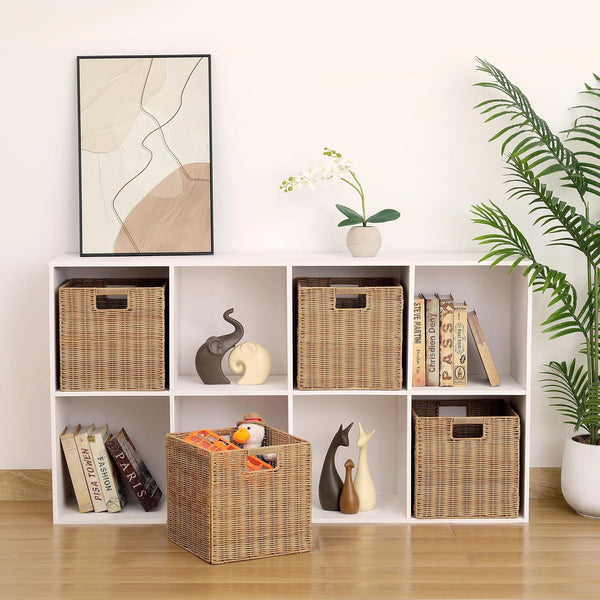 12X12Inch Plastic Wicker Cube Baskets Large Foldable Handwoven,4 Pack,Khaki2