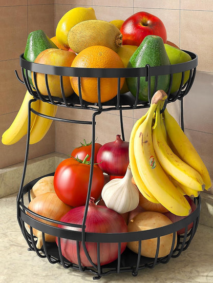 2 Tier Large Fruit Bowl for Kitchen Counter with 2 Banana Hangers | Sturdy Metal Basket for Fruit, Bread & Onions, Modern Wire Fits Various Styles, Includes Food-Safe Mats to Keep Produce Fresh1