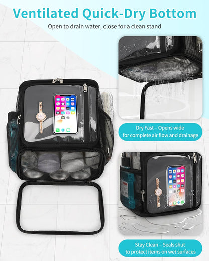 Hanging Shower Caddy Portable Bag - Quick Dry Shower Tote for Dorm College Essentials, Water-Resistant Travel Toiletry Bag with Separate Compartment & Multiple Pockets (Black, M)7