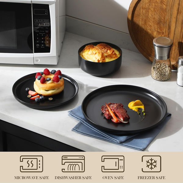 12 Pcs Porcelain Plates and Bowls Sets,Dinnerware Set for 4,Black4