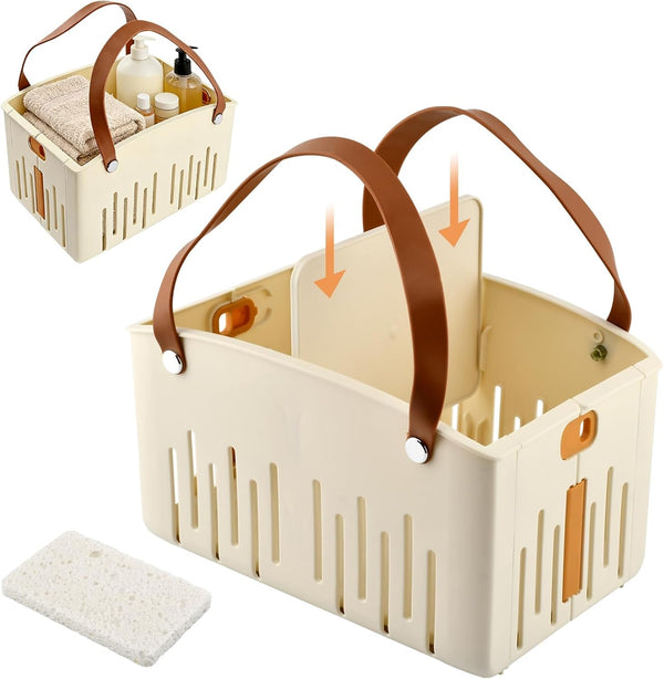 Portable Shower Caddy with Cleaning Sponge, Foldable Shower Storage Basket with Handle and Adjustable Divider, Quick Dry Bathroom Organizer Bin for Bathroom,Dorm,College,Camp,Travel(Color:Cream)8