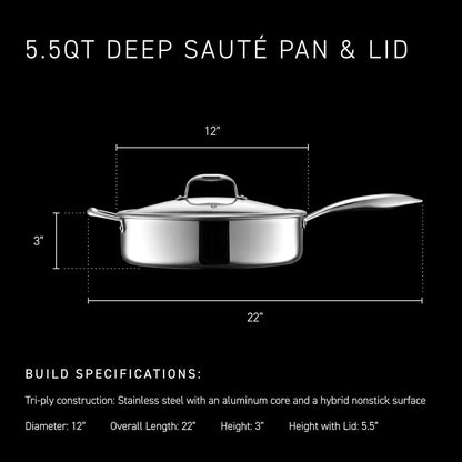 Hexclad 5.5 Qt Hybrid Nonstick Deep Sauté Frying Pan & Lid, Induction Ready | Stay-Cool Handles, Dishwasher and Oven Safe up to 900°F, Compatible with All Cooktops3
