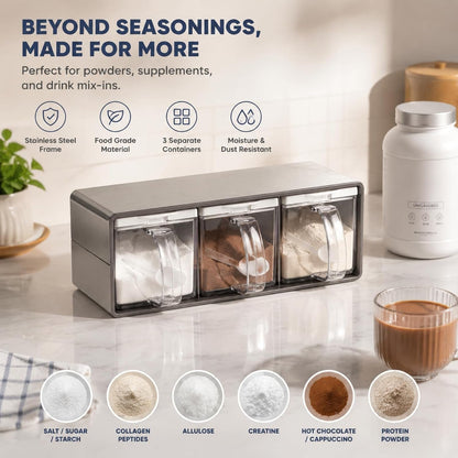 3 Grids Seasoning Organizer Box, Stainless Steel Salt Container with Lid and Spoon, Seasoning Containers with Stainless Steel Rack for Home, Kitchen, Cafe, Storing Salt, Sugar, Pepper, Spice8
