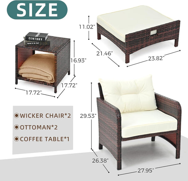5 Pieces Patio Furniture Set, Rattan Balcony Furniture with Ottomans, PE Wicker Outdoor Patio Chairs Set with Coffee Table for Poolside, Porch, Lawn, Garden, Balcony(Beige)7