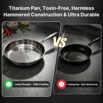Titanium Pans for Cooking | 10" Non Stick Frying Pan with Lid | Gas, Induction & Oven-Safe | Easy Clean Hammered Pan3