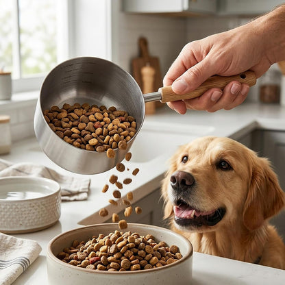 1.5 Cup Dog Cat Food Scoop,  Stainless Steel Dog Cat Food Measuring Cup with Long Wood Handle, Precise Graduated Markings (Stylish Pattern)7
