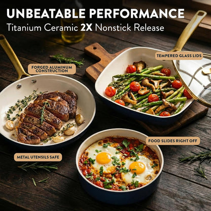 Hammered 20Pcs Ceramic Cookware Set, Induction Pots and Pans Set Non Stick with Deep Fry Pan, Steamer, & Bakeware, Non Toxic PFOA PFOS Free, Oven & Dishwasher Safe5