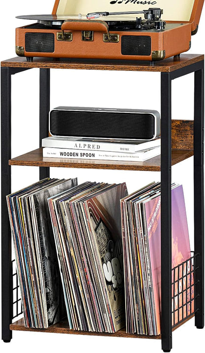 3 Tier End Table,Record Player Stand with Storage up to 100 Albums,Turntable Stand for Vinyl,Brown Records Shelf for Living Room Bedroom1